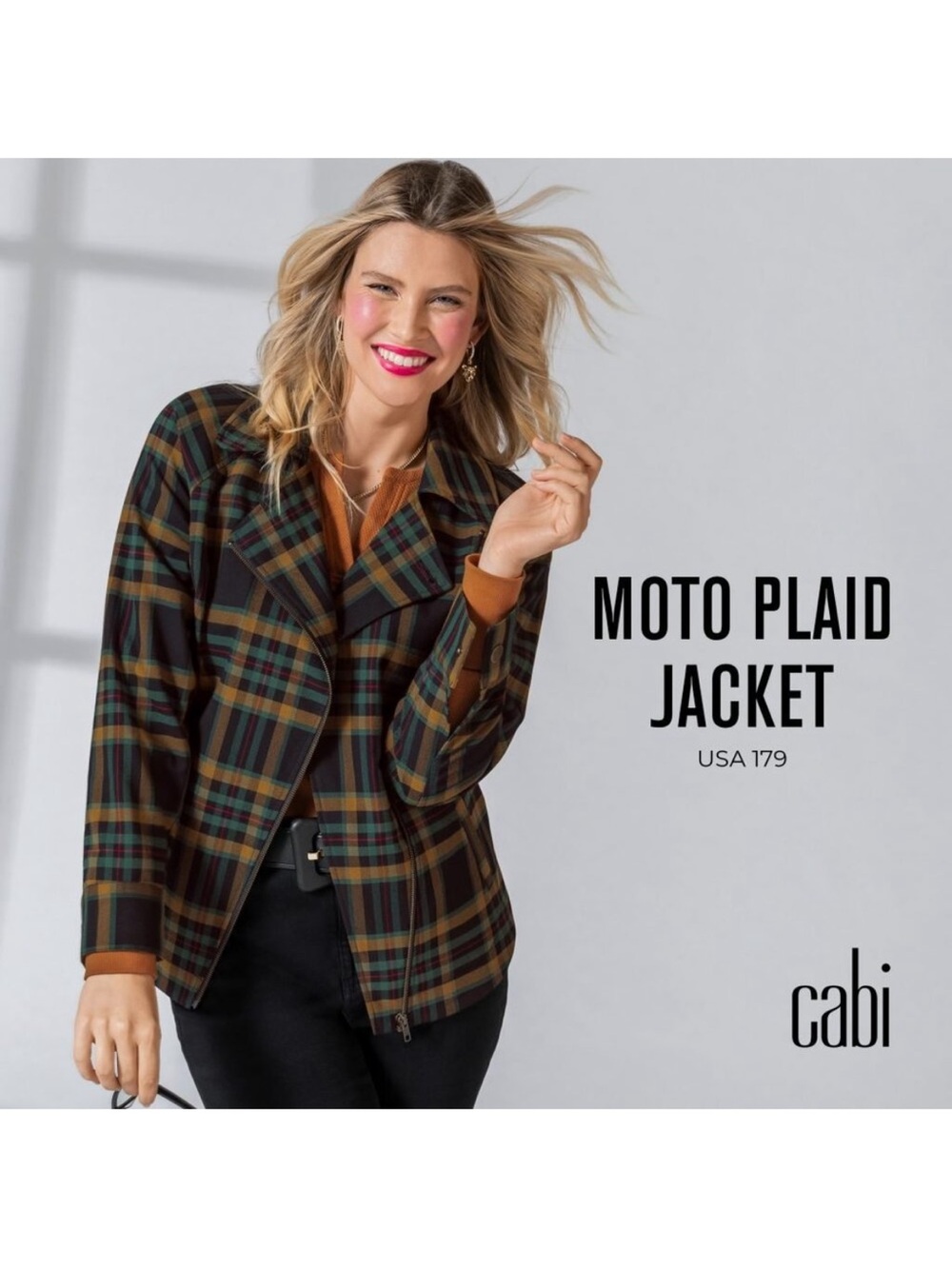 CAbi Moto Plaid Zip-Front Jacket in Black, Green, Gold Fall Brass Buttons M - Picture 12 of 13